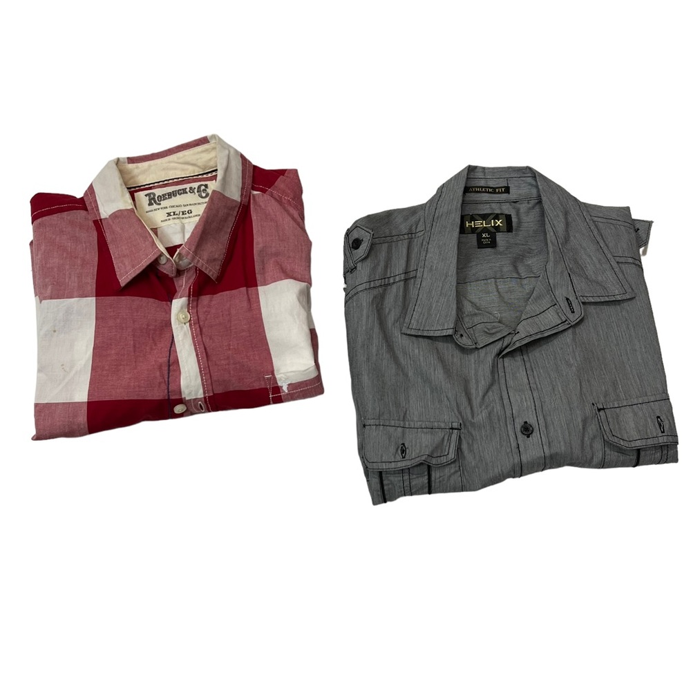 Bundle of 2 Button Up Shirts Short Sleeve Collared Plaid Red & Gray